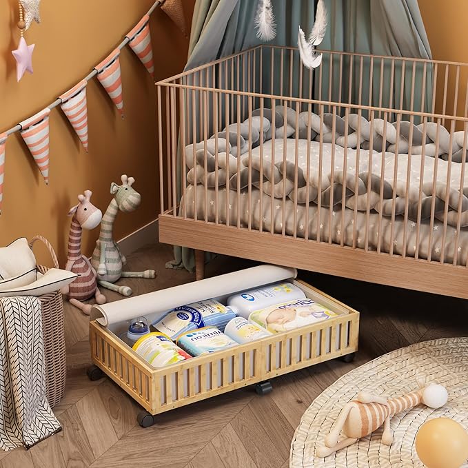 Bamboo Under Bed Storage Containers with Wheels, 2 Pack Large Under the Bed Shoe Storage Bins, Wood Rolling Underbed Drawers Organizer for Bedroom Closet Clothes Blanket Under Crib Toy Nature