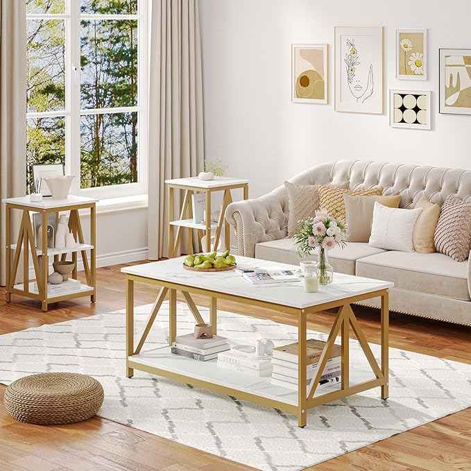 Bigbiglife Living Room Coffee Table Set of 3, Industrial Triangular-Design Coffee Table and 2 End Side Tables, 3 Piece Living Room Table Set with Large Storage for Apartment Home (Marble White)