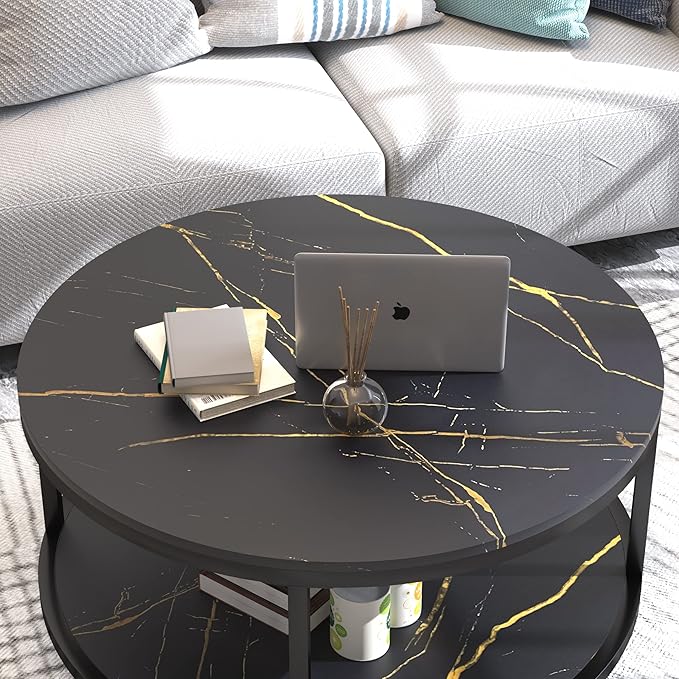 WiberWi Round Coffee Table Black Coffee Tables for Living Room 35.8" Faux Marble Top Circle Table Furniture Sturdy Metal Frame Legs Cocktail Table with Storage Open Shelf