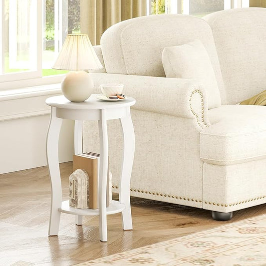 Giantex Round End Table, Wooden Side Table with Storage Shelf, Small Nightstand with Solid Wood Legs, 2-Tier Accent Table for Living Room Bedroom, White