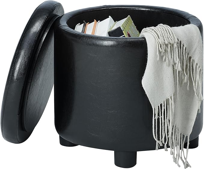 Convenience Concepts Designs4Comfort Round Accent Storage Ottoman in Black Faux Leather Fabric