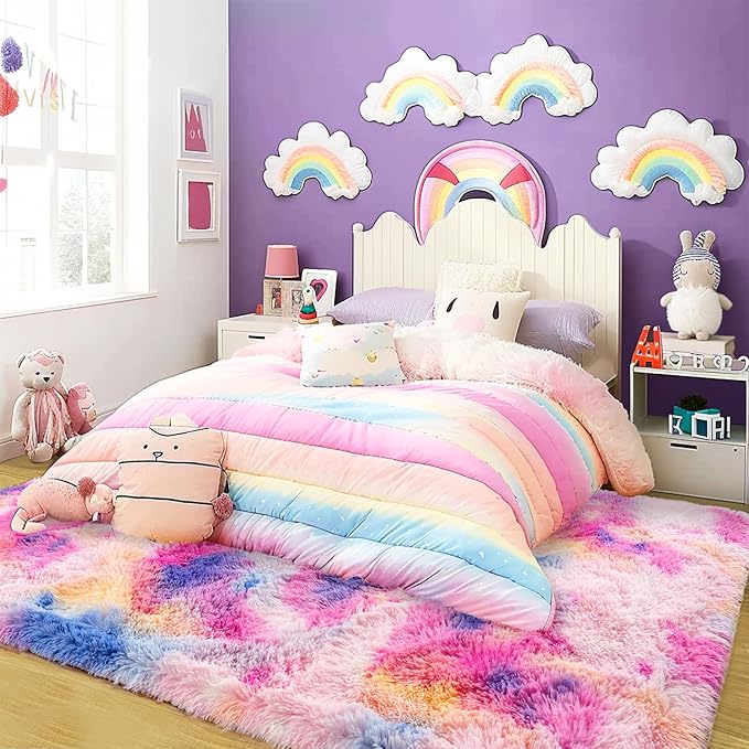 Super Fluffy Rug for Bedroom, 4x6 Shag Fuzzy Area Rug for Living Room Bedroom, Plush Soft Carpet for Girls Boys Kids, Non Slip Throw Rugs for Dorm, Modern Home Decor Aesthetic, Dark Rainbow