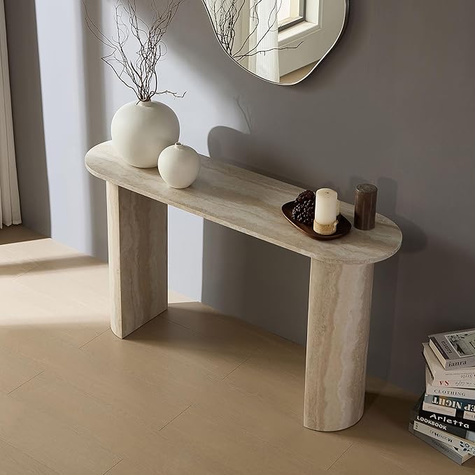 55.12" Faux Marble Pattern Entryway Table - Modern Narrow Console Table for Living Room and Hallway,Beige