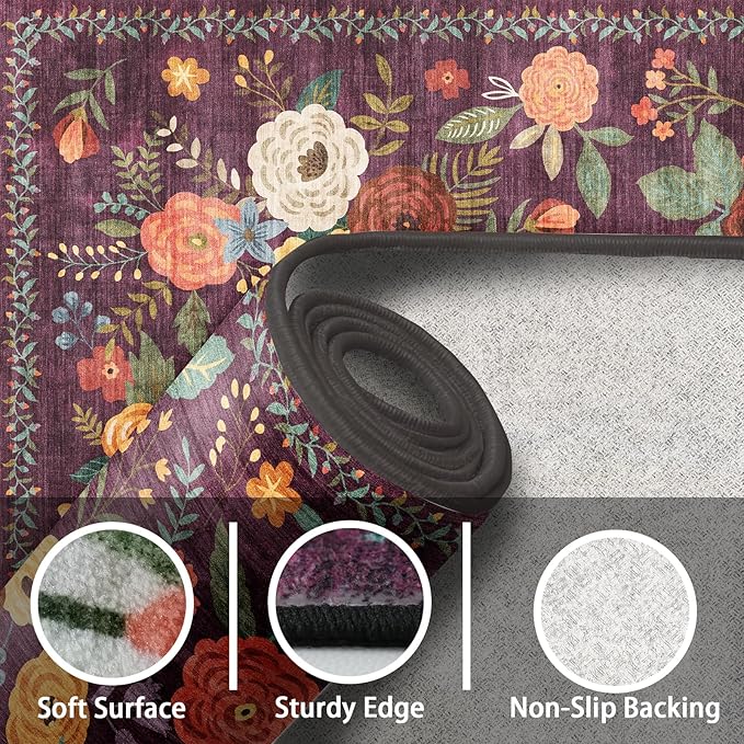 Washable Area Rug 8x10, Large Soft Rugs for Living Room Floral Purple Carpet 8x10 Area Rugs for Bedroom Dining Room Non-Slip Stain Resistant Under Table Rug (8 x 10, Purple Lawn)