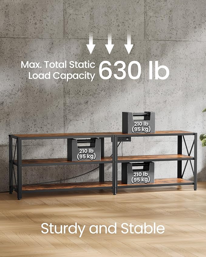 VASAGLE TV Stand with Power Outlets and LED Lights, for TVs up to 65 Inches, Entertainment Center with Open Storage Shelves, TV Console Table for Living Room, Rustic Brown and Ink Black ULTV118K01