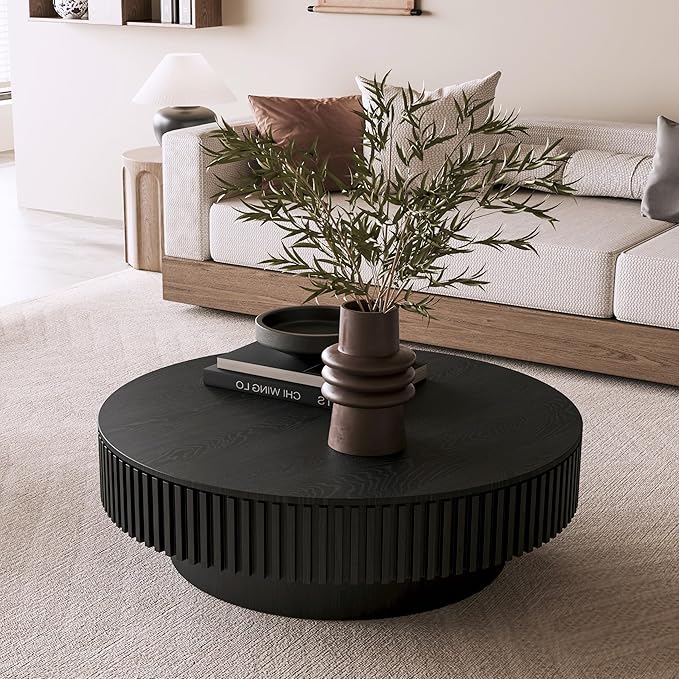 39.37 Inch Round Drum Coffee Table with Storage, Handcraft Fluted Drum Coffee Table, Modern Wooden Round Coffee Table Center Table with Sturdy Pedestal for Living Room Apartment(Black)