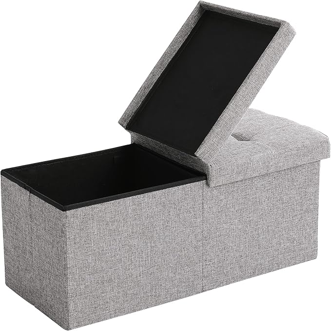 Cuyoca Foldable Seat Footrest Shoe Bench End of Bed Storage with Flipping Lid, 75L Storage Space, 30 inches Linen Fabric Grey