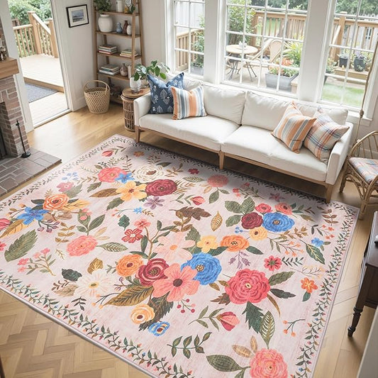 Washable Area Rug 8x10, Large Soft Rugs for Living Room Floral Carpet 8x10 Area Rugs for Bedroom Dining Room Non-Slip Stain Resistant Under Table Rug (8 x 10, Beige/Pink Lawn)