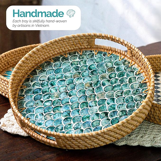 JUNGLE CULTURE Large Rattan Serving Tray 14" with Mother of Pearl Inlay • Coastal Boho Collection • Handcrafted Serving Tray with Handles • Round Woven Table Trays for Home • Wicker Basket – Cascade