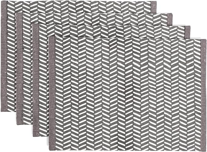 Over&Back Set of 4 Hand-Blocked Placemats - Colorful Dining Table Mat - Each Placemat is Unique - 100% Cotton - Machine Washable - Kitchen and Home Decor - Grey Herringbone