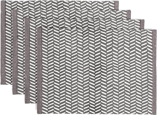Over&Back Set of 4 Hand-Blocked Placemats - Colorful Dining Table Mat - Each Placemat is Unique - 100% Cotton - Machine Washable - Kitchen and Home Decor - Grey Herringbone