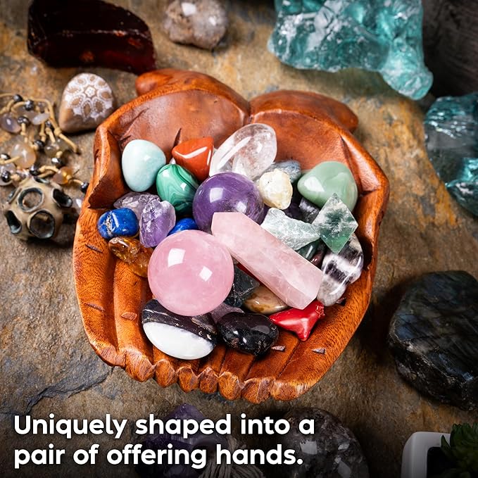 Curawood Carved Hands Offering Bowl - Crystal Holder for Stones, Rock Collection Holder, Crystal Display Storage Tray, Wooden Hands Bowl for Keys - Rock Display Case for Shelf, Stand, Altar Decor (L)