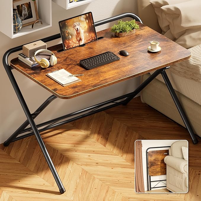 Huuger Folding Desk with 3-Level Adjustable Height and Tablet Slot, 32 Inch Foldable Computer Desk for Small Spaces, Space Saving, Writing Work Table for Home Office, Bedroom, Study, Rustic Brown