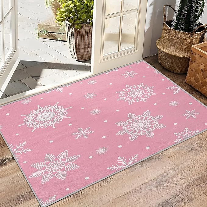 Snowflake Rug 5x7-5x7 Rug, Pink Christmas Living Room Rugs, Snowflake Bedroom Rugs, White Snowflakes Carpet, Festive Home Decor & Gifts