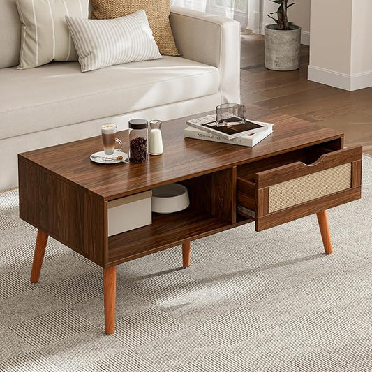 Coffee Table with Storage, Boho Dining Table with Rattan Drawer and Solid Wood Legs, Small Coffee Tables for Living Room, Walnut