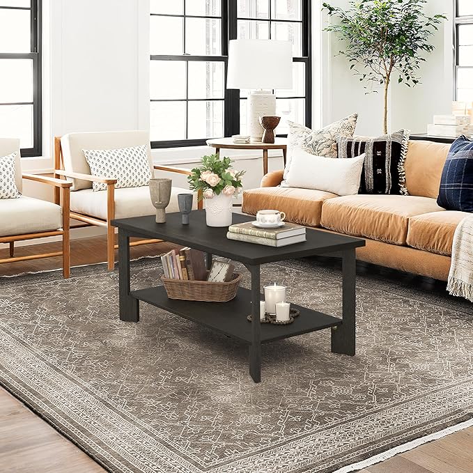 39 Inch Coffee Table,Wood Rectangle Modern Center Table with 2-Tier Storage Shelf for Living Room,Dark Brown