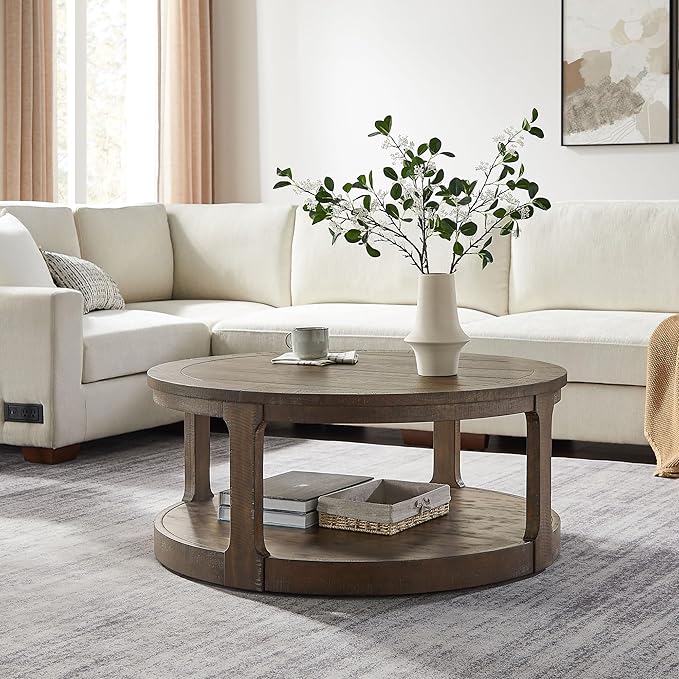 40'' Brown Round Coffee Table, Round End Table 2 Tier Wood Coffee Table Round Circle Coffee Table for Living Room, Traditional Retro Farmhouse Style Rounded Wooden Table for Office(ø40'' x 17.52'')