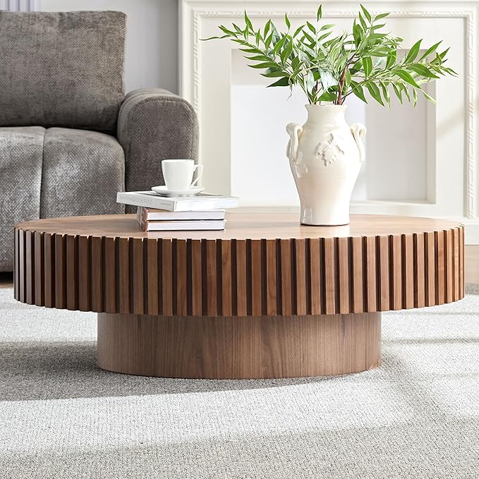 Oval Coffee Table, 43.7" Modern Coffee Table Wood Side Table Accent End Table Center Table with Sturdy Pedestal for Living Room Bedroom Apartment, Walnut