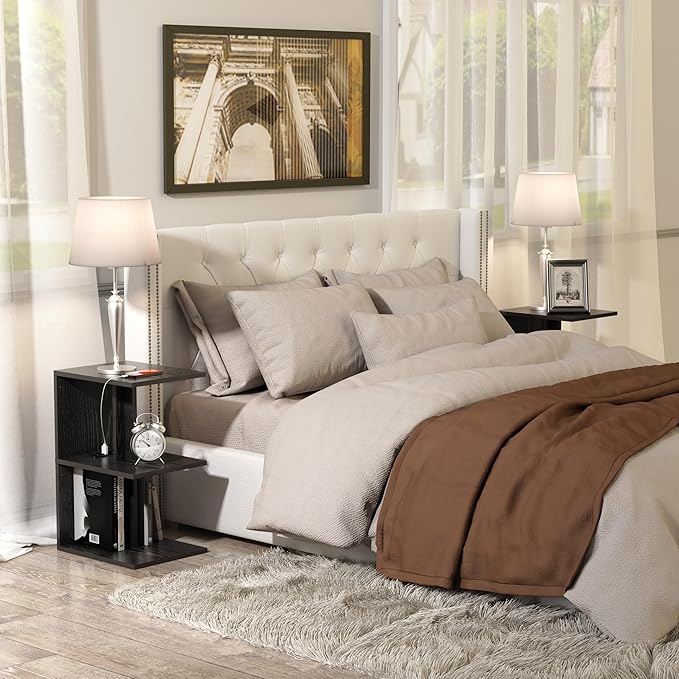 Night Stand with Charging Station, Small Side Table for Couch, USB Ports and Outlet, End Table with 3-Layer Storage Shelves for Small Spaces, Living Room, Bedroom, Bedside (Black)