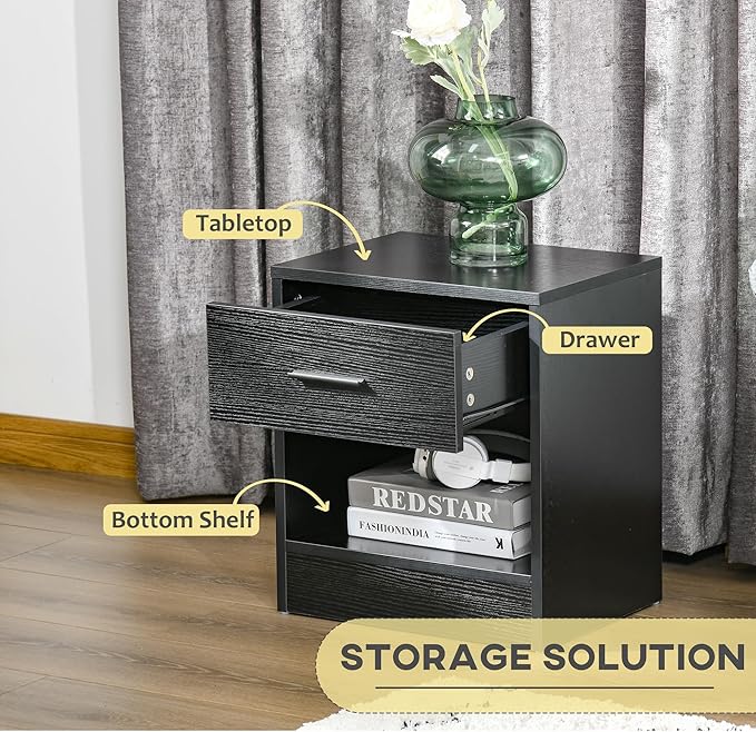 HOMCOM Modern Side Table, Accent Table with Drawer and Storage Shelf, End Table for Living Room, Black Wood Grain