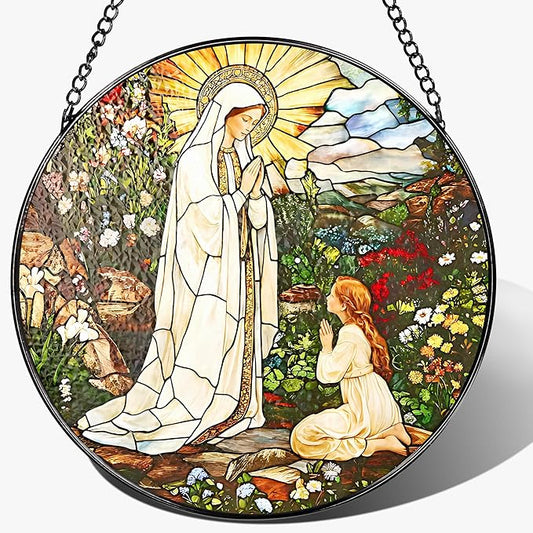 8 Inch Lady of Lourdes Stained Glass Suncatcher, Stained Glass Window Hanging, Virgin Mary Religious Window Hanging, Gift for Mothers Day, Catholic Home Decor, Faith Gift for Christian, Religious Gift