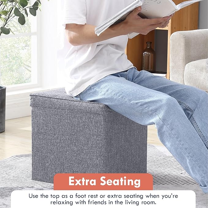 Ornavo Home Square Storage Ottoman Linen Foldable Tufted Cube Storage Ottoman Foot Rest Stool/Seat with Table Top Lid, Coffee Table Ottoman - 15" x 15" x 15" (Gray)