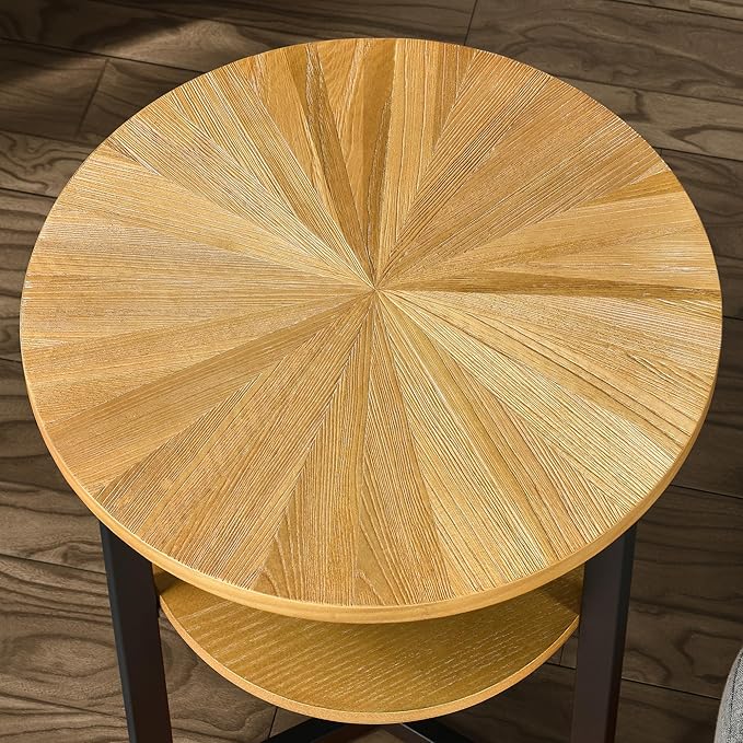 Round End Table with Storage Shelf, 19.29in Circel Accent Side Table with Black Metal Legs, 2-Tier Wood Round Sofa Side Table for Living Room Bedroom, Oak-BZ