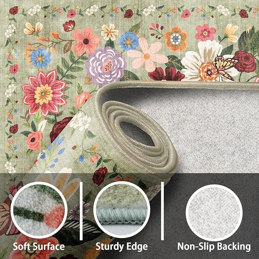 Green Area Rugs 9x12 Living Room Washable Rug Non Slip Floral Low Pile Large Rug for Living Room, Bedroom, Farmhouse, Dining Room, Kids Playroom(9 x 12, Green Garden)