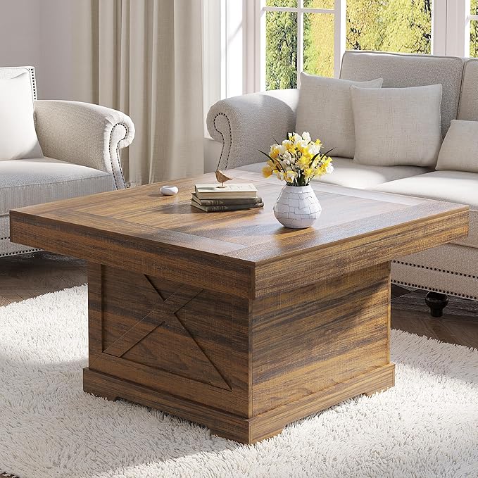 Coffee Table 31.5 in Rustic Center Table with X Design Wooden Pedestal for Living Room, Small Square Home Office Tea Accent Table for Dining Room Apartment, Walnut