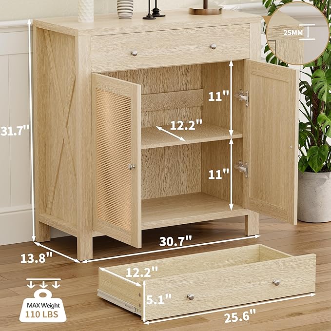 31" Buffet Cabinet with Storage, Rattan Decor Doors, Sideboard Cabinet with Doors & Adjustable Shelves, Ideal for Entryway, Kitchen & Living Room
