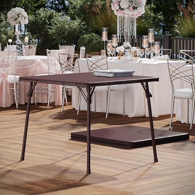 EMMA + OLIVER 33.5" Square Multipurpose Folding Card Table for 4 Players, Portable Square Folding Table with Padded Vinyl Top, Brown