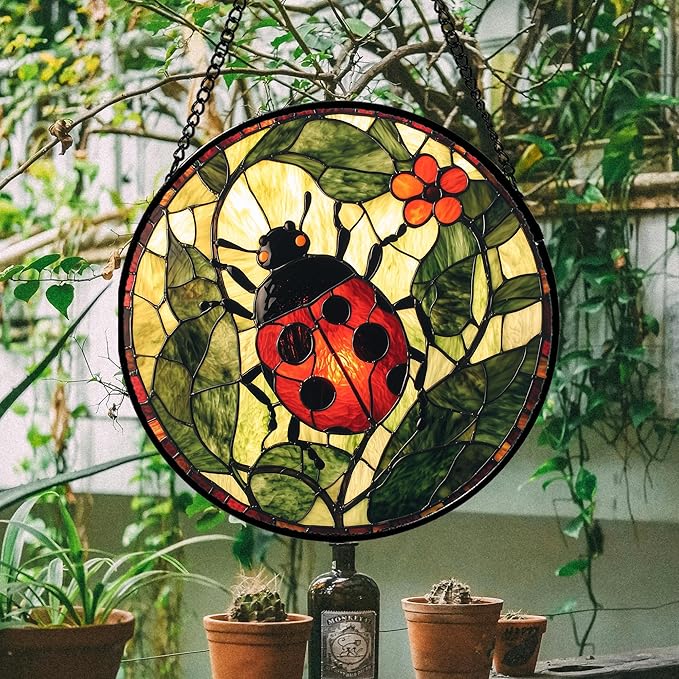 Stained Glass Window Hanging - Red Ladybug Green Plant Flower Sun Catcher for Door Home Decor Insect Suncatcher Christmas Mother's Day Birthday Gifts for Women Men Mom Nana 11.8 in