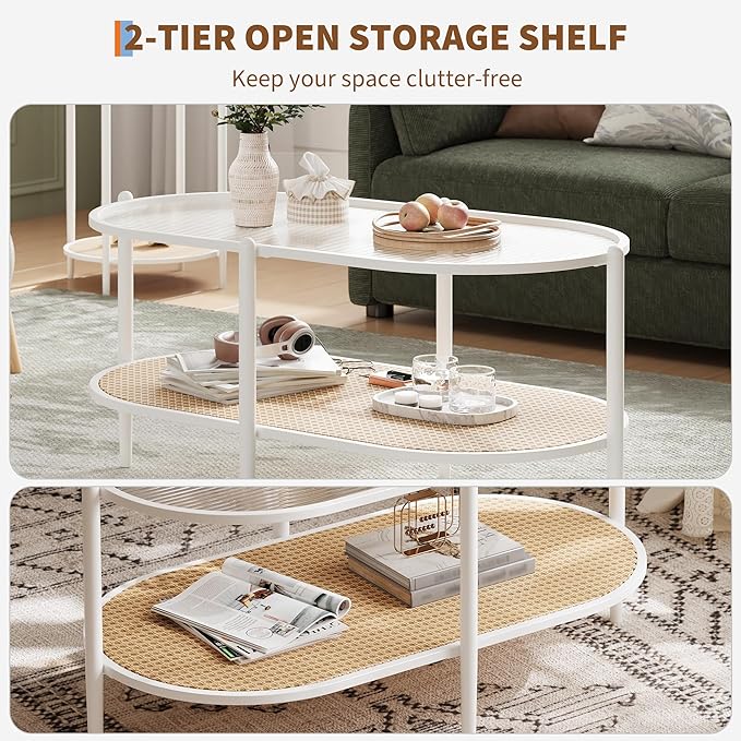 Boho Rattan Coffee Table with Glass Top, 2-Tier Oval Center Table with Metal Frame & Storage Shelf, Rustic Farmhouse Living Room Accent Tea Table for Apartment, Bedroom, Office White