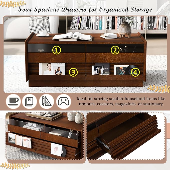 Modern Wooden Coffee Table with 4 Drawers & 2 Open Storage Shelves, 47.2-Inch Rectangular Fluted Accent Tables Center Cocktail Table for Living Room, Brown