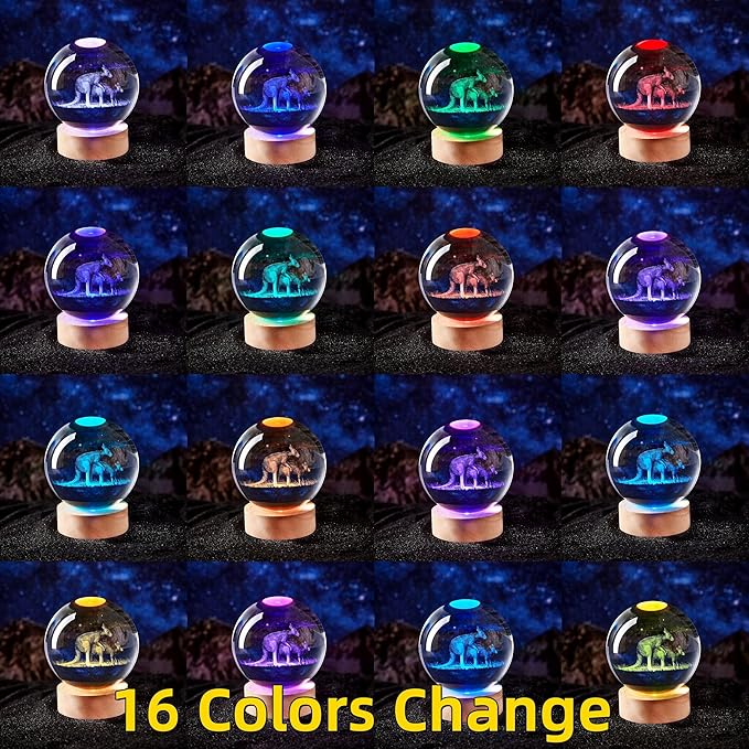 Kangaroo Crystal Ball Lamp with LED Wooden Base, 16 Colors Change & Remote Control Crystal Ball Night Light, Upgraded 3.15 Inch Glass Light, Gift for Kids Wife Girlfriend (Kangaroo)