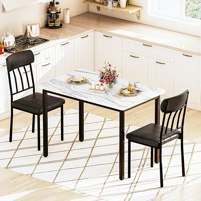AWQM 3 Piece Dining Table Set for 2, Small Industrial Kitchen Table and 2 Chairs, Breakfast Dining Table Set, Kitchen Table Set for Dining Room, Living Room, Apartment, Small Space, White Black