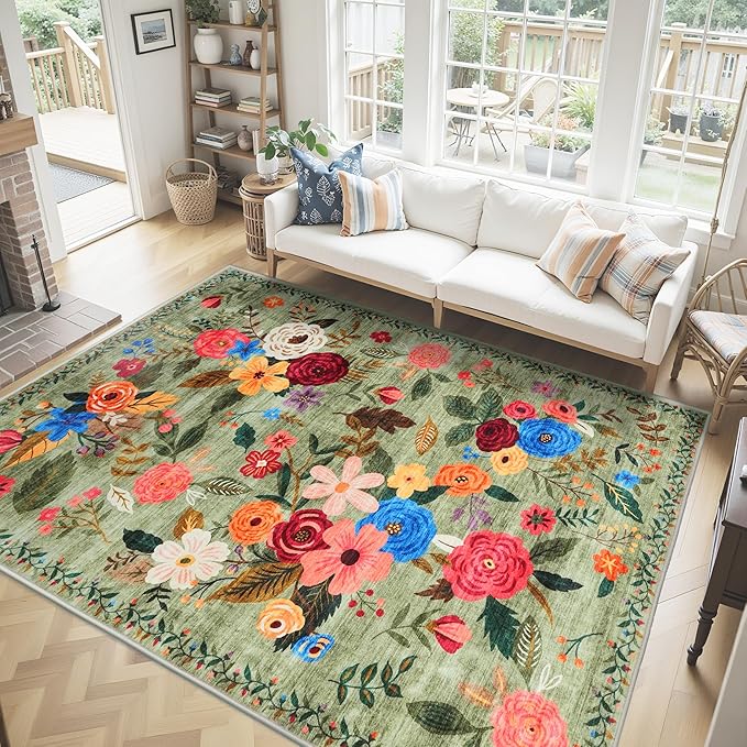 Washable Area Rug 8x10 Green, Large Soft Rugs for Living Room Floral Green Carpet 8x10 Area Rugs for Bedroom Dining Room Non-Slip Stain Resistant Under Table Rug(8 x 10, Green Lawn)