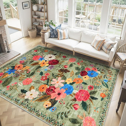 Washable Area Rug 8x10 Green, Large Soft Rugs for Living Room Floral Green Carpet 8x10 Area Rugs for Bedroom Dining Room Non-Slip Stain Resistant Under Table Rug(8 x 10, Green Lawn)