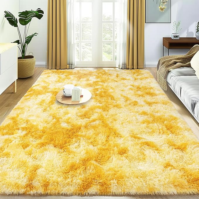 Small Rugs for Bedroom, Fuzzy Throw Rug for Living Room Dorm, Soft Fluffy Bedroom Rug, Non Slip Shag Rugs, Modern Indoor Home Decor Aesthetic, 2x3 Feet, Tie-Dyed Yellow
