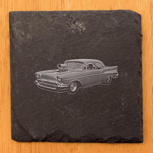 Rev It Up in Style: 1957 Chevy Bel Air Hot Rod Coasters for Gearheads - Square Slate - Set of 5