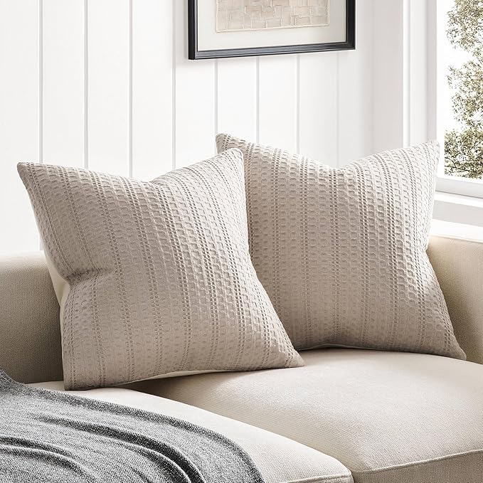 ZeeMart 100% Cotton Waffle Textured Throw Pillow Covers Set of 2, 16x16 Inch Taupe, Soft Farmhouse Decorative Couch Pillow Cases Light Brown Cushion Covers for Sofa Bed Living Room Home Decor