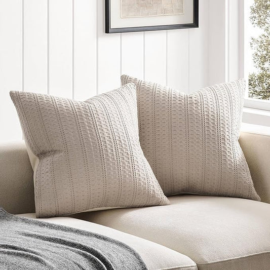 ZeeMart 100% Cotton Waffle Textured Throw Pillow Covers Set of 2, 16x16 Inch Taupe, Soft Farmhouse Decorative Couch Pillow Cases Light Brown Cushion Covers for Sofa Bed Living Room Home Decor