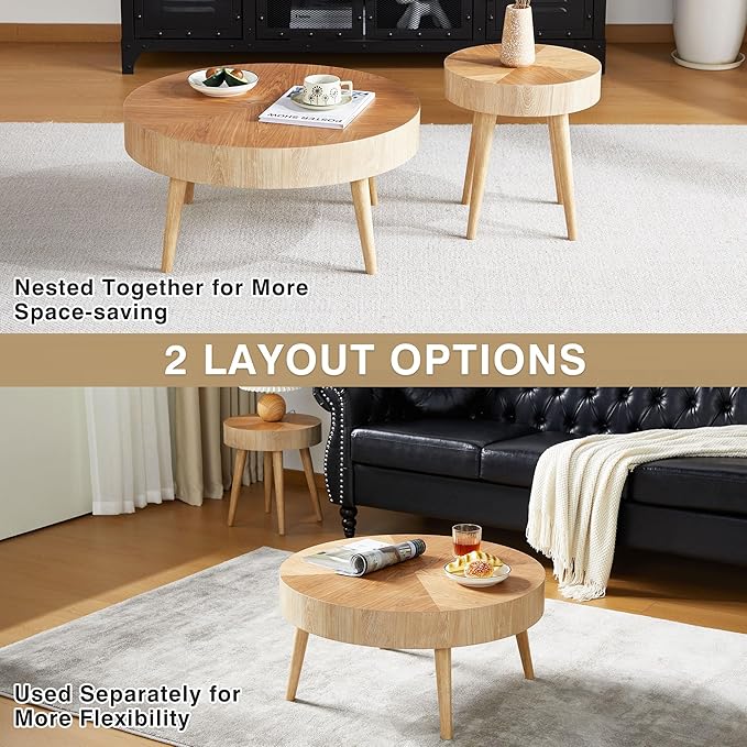 2 Pieces Round Wood Coffee Table Set, Modern Sofa End Table, Accent Side Table for Living Room ﻿ (Natural)