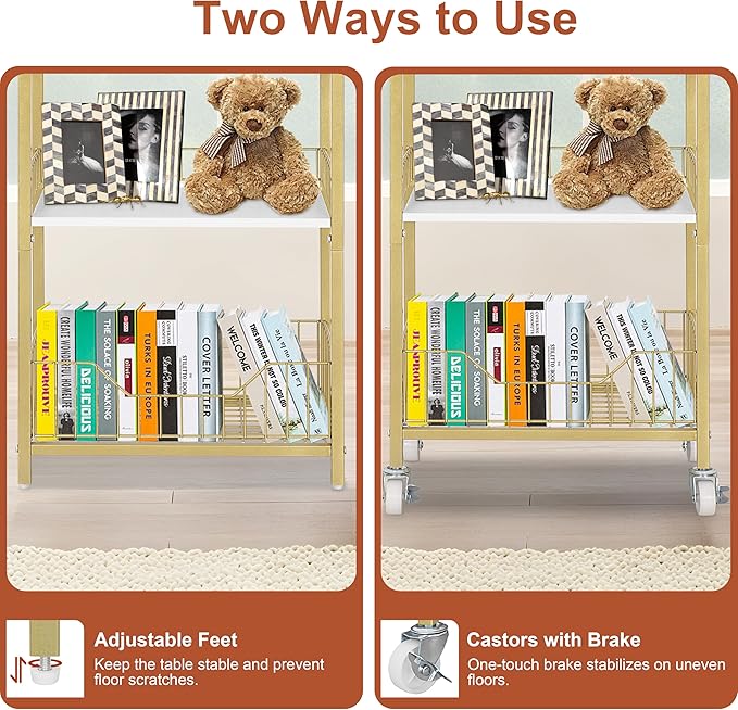 Small Side Table with Storage Basket, Narrow End Table with Drawer, 4-Tier Bathroom Storage Shelves with Optional Wheels, Tall Nightstand for Dorm, Living Room, Bedroom, Gold & White