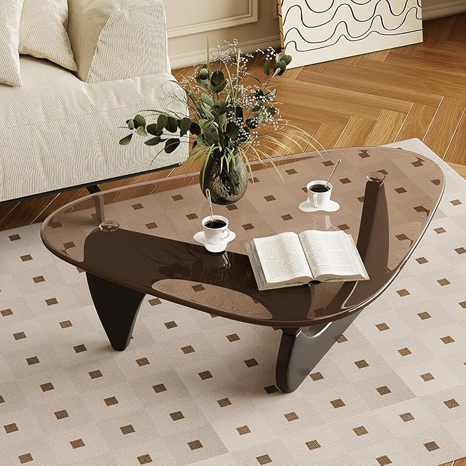 Coffee Table for Living Room Mid Century Modern Center Table with Glass Top and Wood, Black Brown