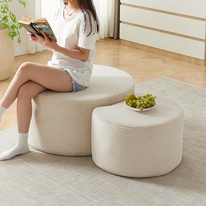 WILLIAMSPACE 50" Foam Nesting Coffee Table Set of 2, Modern Upholstered Round Center Tables for Living Room, Accent Side Tea Table Ottoman, No Assembly - Beige