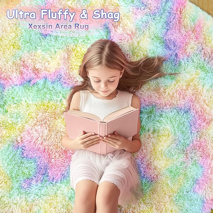 Round Fluffy Rugs 6Ft for Girls Bedroom, Rainbow Shag Circle Kids Rug Non-Slip for Bedside Dorm Nursery Playroom, Soft Cute Area Rugs for Living Room Decor