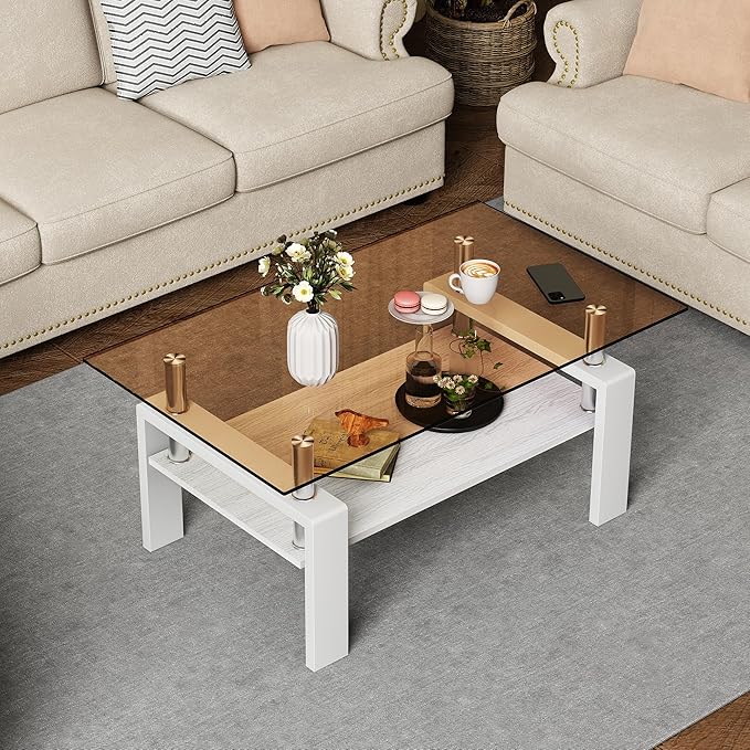 Modern 2-Tier Coffee Table with Tempered Glass Top, MDF Shelf & Metal Legs, Rectangular Living Room Center Table, Sturdy & Stylish Table for Small Spaces, Lounge or Office