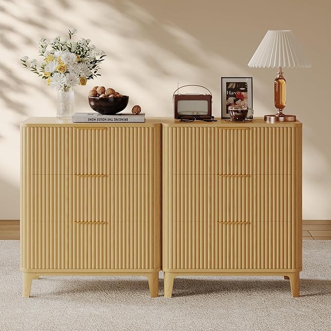 3 Drawer Fluted Dresser for Bedroom Set of 2, Modern Curved Closet Dressers Chest of Drawers, 23.6" Rustic Wood Nightstand 3-Drawer Dresser Bedside Table, End Table with 3 Large Drawers Natural