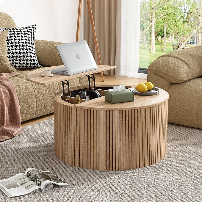 Round Fluted Lift Top Coffee Table, Mid Century Modern Center Table with Storage and Compartment, 2 Tier Small Circle Dining Table, for Living Room, Home Small Space, Natural